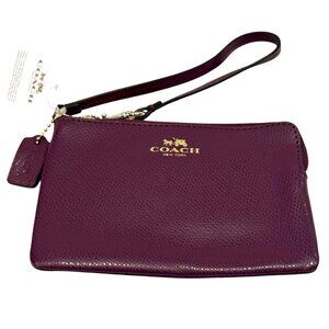 Coach Women's Plum Pebble Leather Wristlet Bag Gold Logo Strap NWT